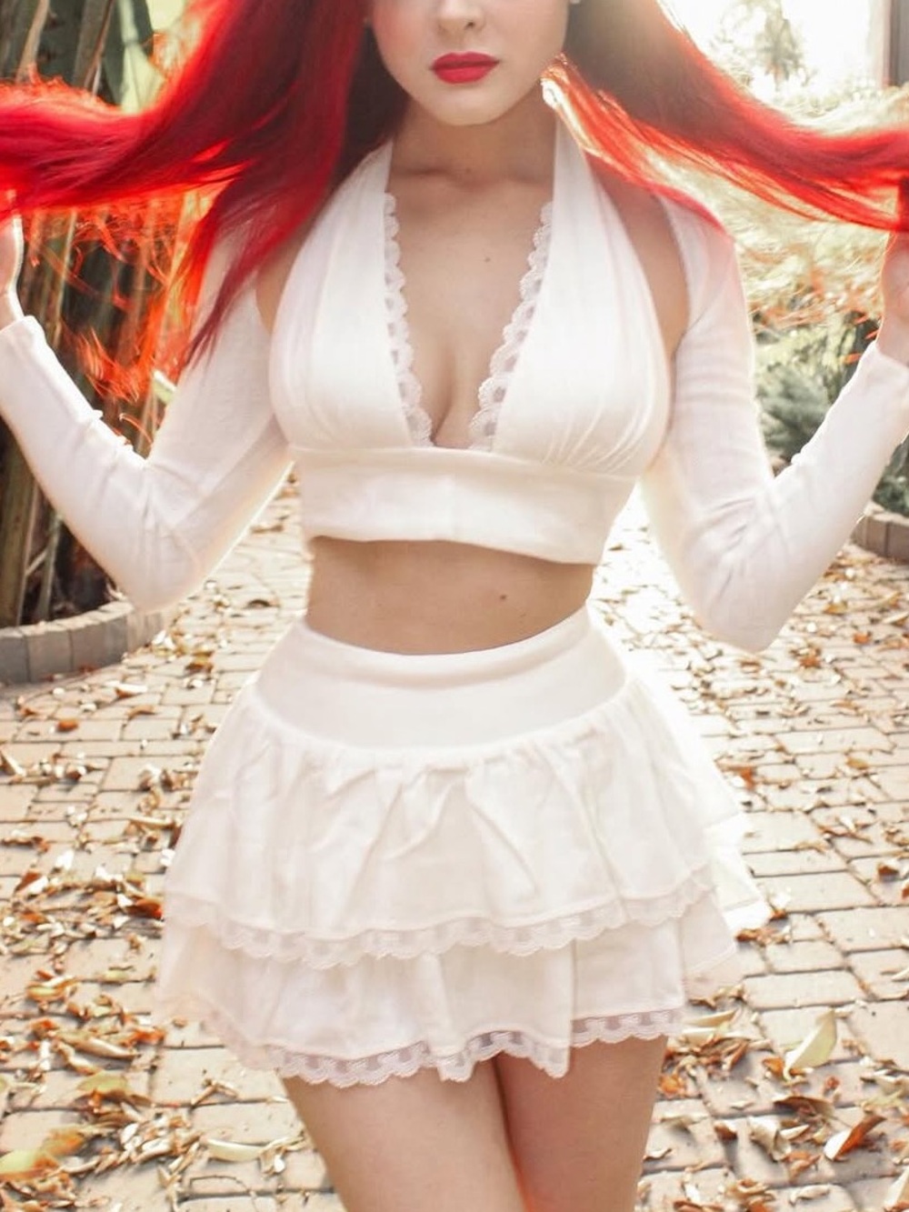 White Lace Trim Crop Top & Sweater & Tiered Mini Skirt Set